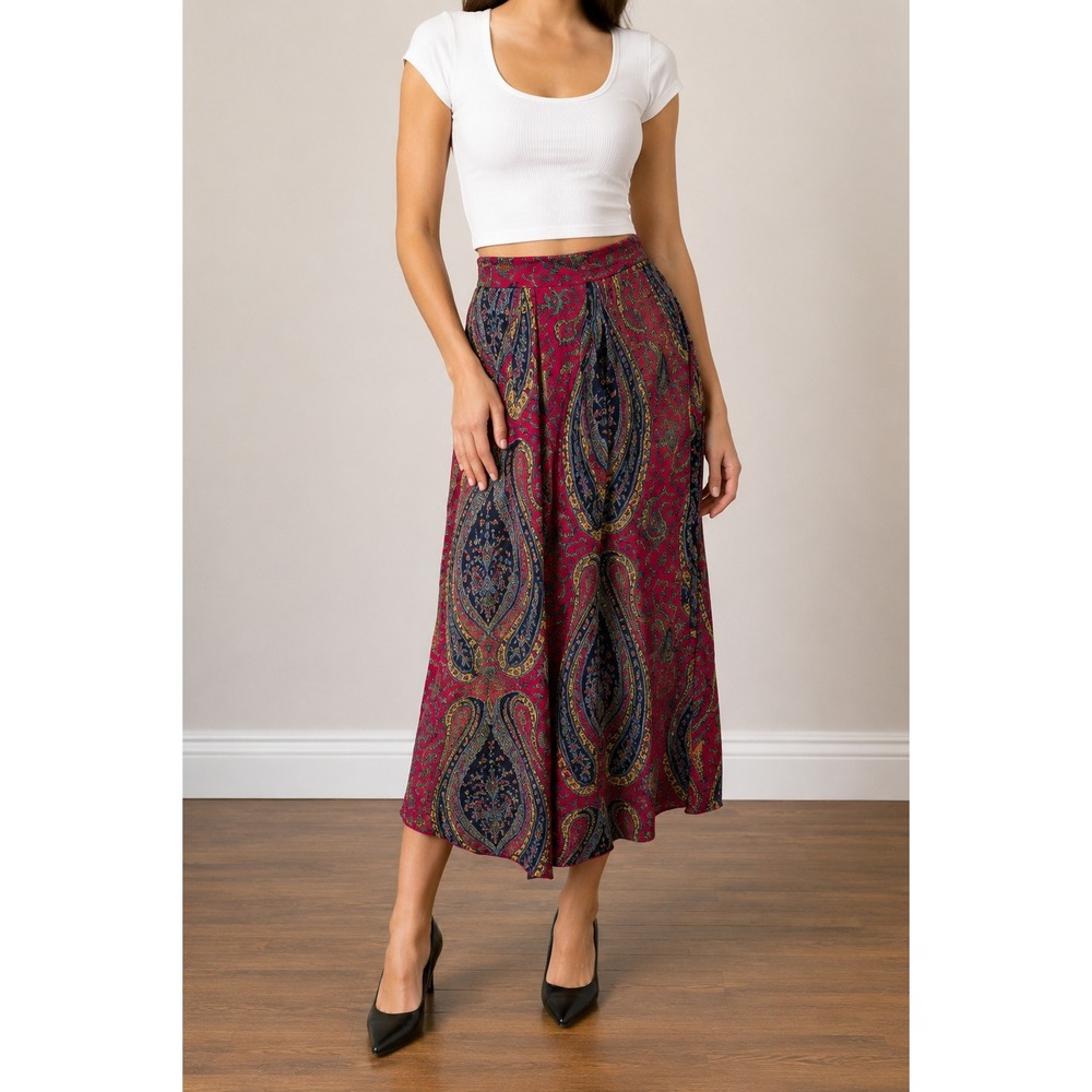 Vintage JG Hook 100% Silk Midi Skirt XS Boho Festival Hippie Paisley Floral s